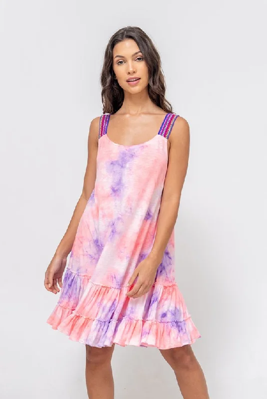 Tie Dye Gathered Mini Dress Coral/Purple Classic Black Mini Dress