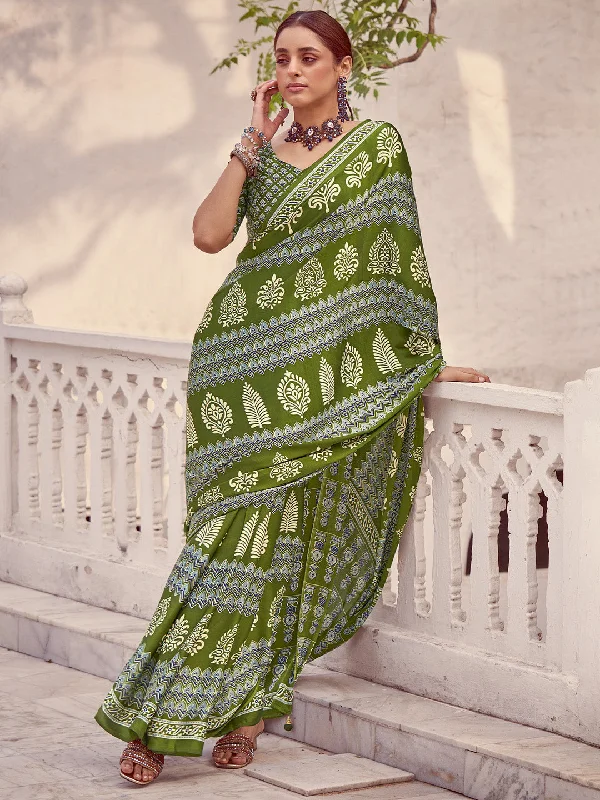 Women's Crepe Light Green Printed Designer Saree With Blouse Piece Double Button Blouse