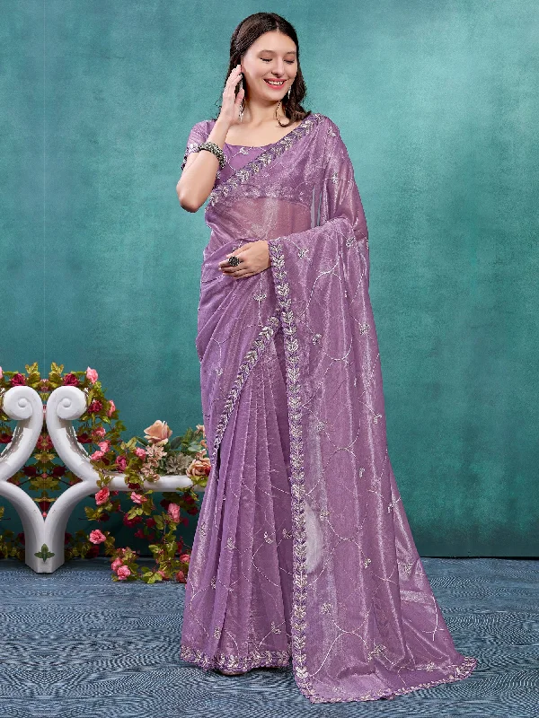 Women's Organza Mauve Embellished Designer Saree With Blouse Piece Casual Stripe Blouse