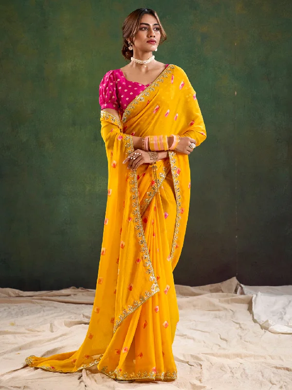Women's Pure Chiffon Pink Embellished Designer Saree With Blouse Piece Loose Oversized Blouse