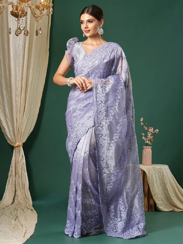 Women's Organza Lavender Embroidered Designer Saree With Blouse Piece Flowy Bohemian Blouse