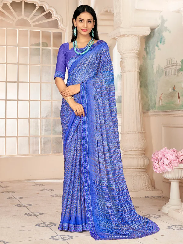 Women's Chiffon Blue Embellished Designer Saree With Blouse Piece Elegant Silk Blouse