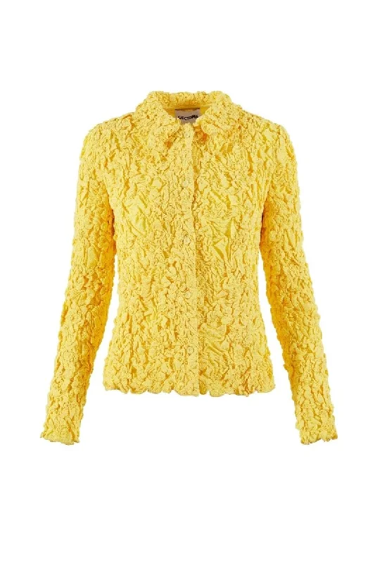 YELLOW SMOCKED SHIRT-- Hooded Caped Shawl Collar