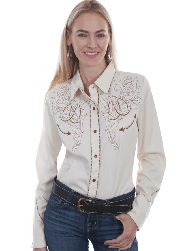 Scully PL-873-CRM Womens Horse Shoe Flow Embroidery Western Shirt Cream-- Seamless Knitted Crochet