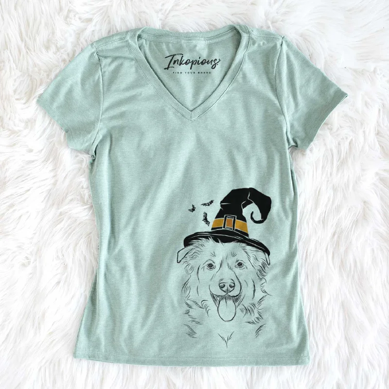 Witch Tucker the Collie Shepherd - Women's V-neck Shirt-- Striped Floral Plaid