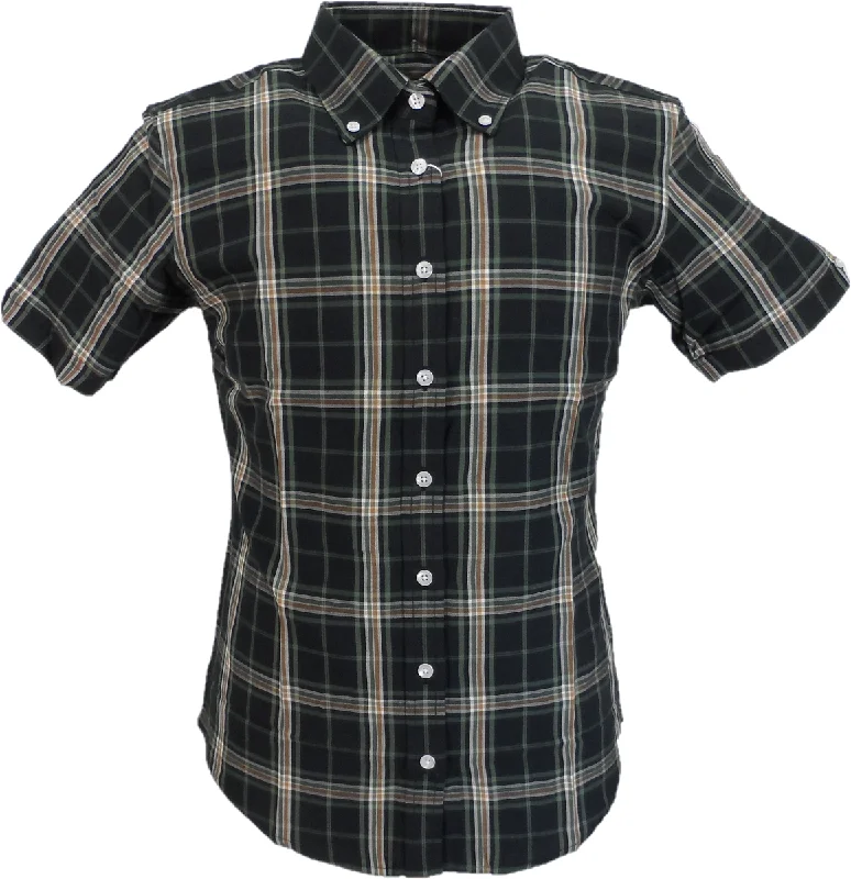Relco Ladies Retro Green/Black/Mustard Check Button Down Short Sleeved Shirts-- Cozy Warm Stylish