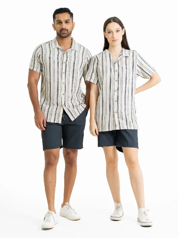 DEEDAT NATURE VERSE Short Sleeve Slim Fit Casual Shirt - Beige-- Houndstooth Herringbone Solid