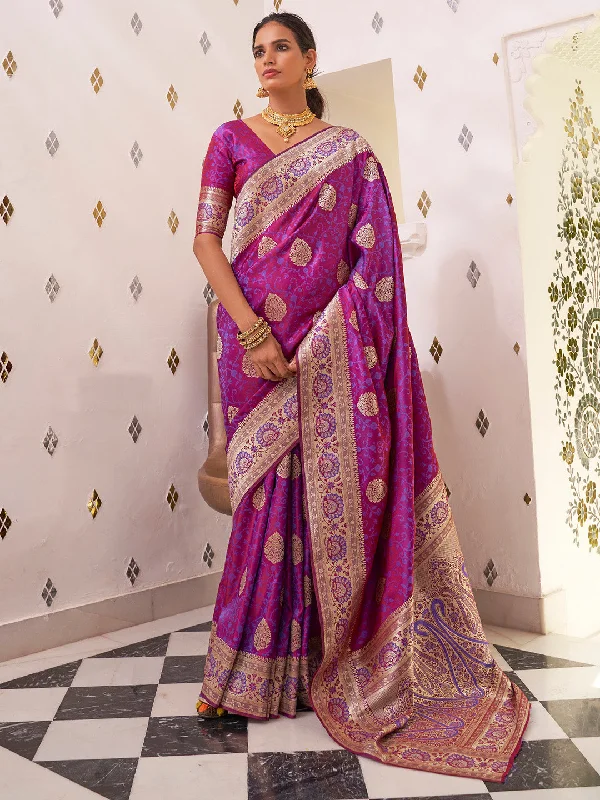 Women's Satin Silk Magenta Woven Design Designer Saree With Blouse Piece Everyday Stylish Blouse