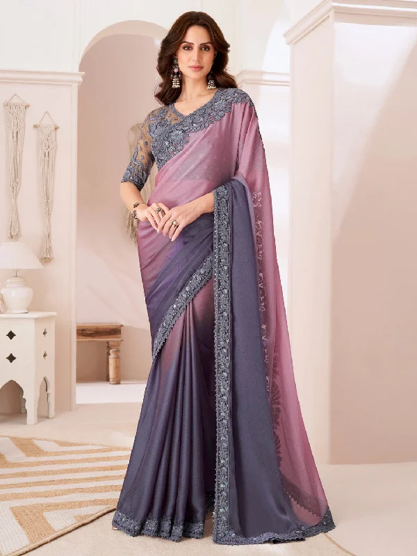 Women's Pure Chiffon Violet Embellished Designer Saree With Blouse Piece Chic Off-Shoulder Blouse