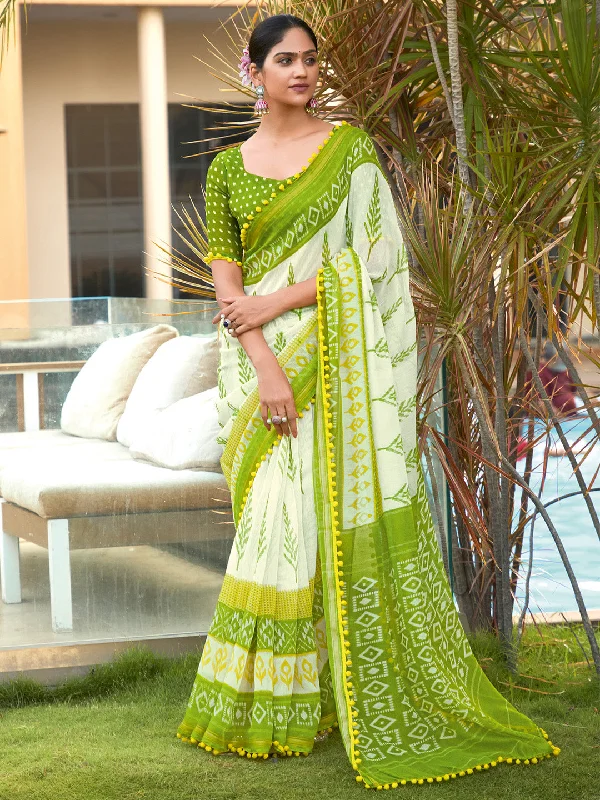 Women's cotton Light Green Embellished Designer Saree With Blouse Piece Soft Knit Blouse