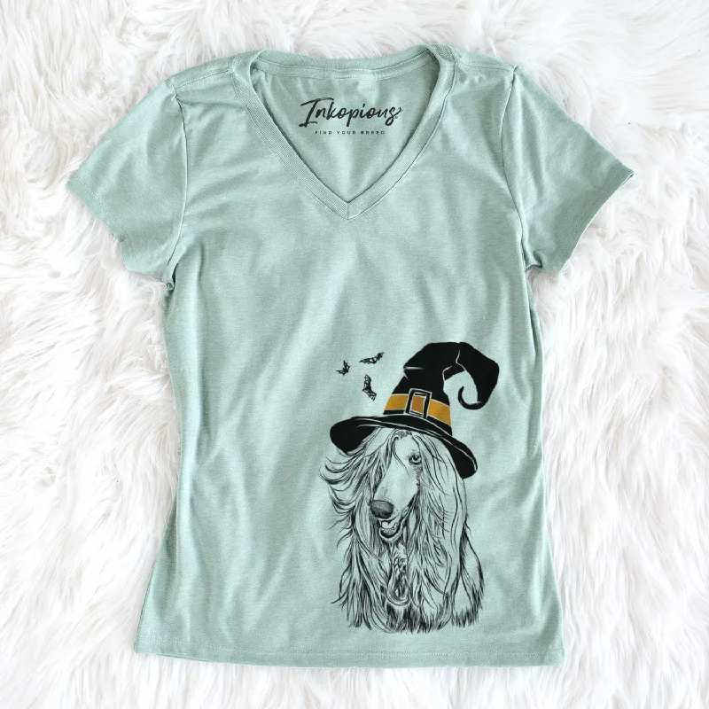 Witch Sterling the Afghan Hound - Women's V-neck Shirt-- Mesh Blend Leather Blend Suede Blend