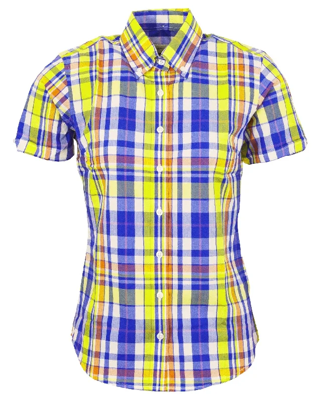 Relco Ladies Retro Multi Blue Check Button Down Short Sleeved Shirts-- Anti-Pilling Machine Wash Handmade