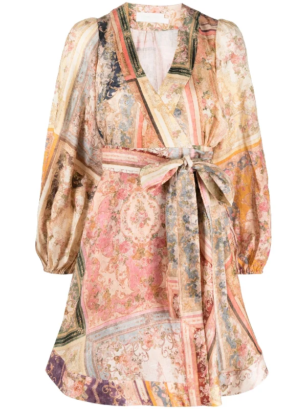 Zimmermann August Wrap Mini Dress, Patch Floral Elegant Floral-Print Mini Dress
