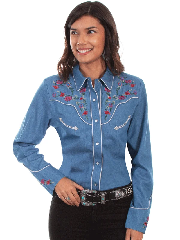 Scully PL-879-DEN Womens Floral Longhorn Embroidered Lightweight Denim Shirt Blue - D-- Welt Pockets Slit Pockets Flap Pockets
