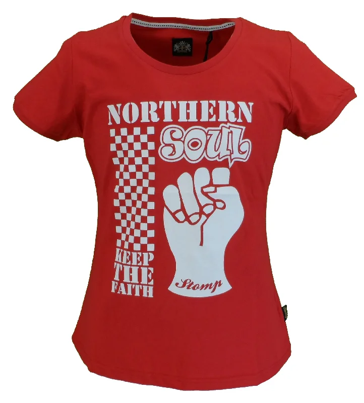 Stomp Ladies Red Northern Soul Keep The Faith T Shirts-- Plaid T-Shirt Polka Dot Checkered