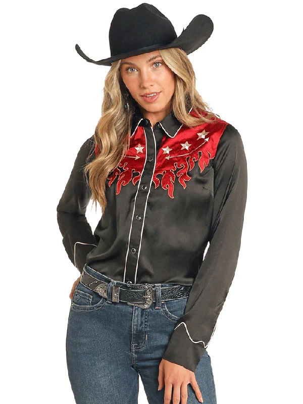 Rock & Roll Denim BWN2S04475 Womens Retro Shirt With Flames Black-- Anti-Shrink Durable Soft