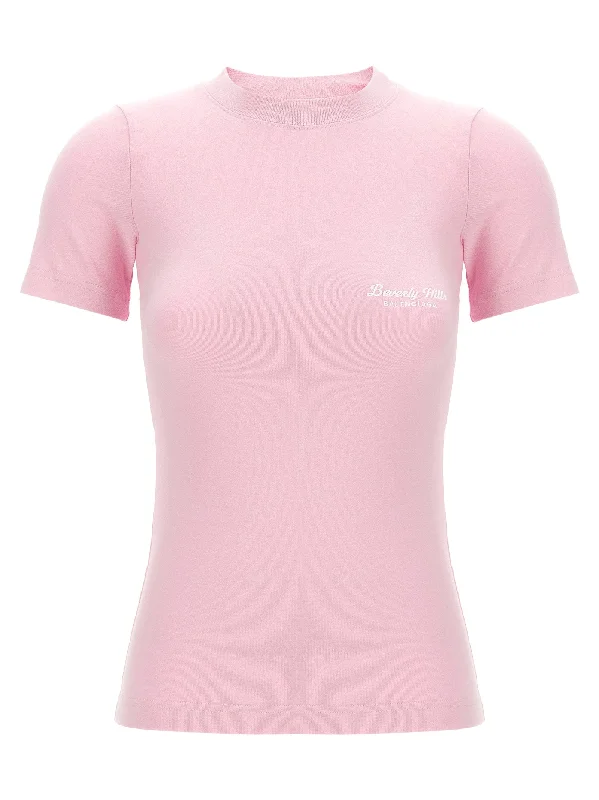 Logo Embroidery T-shirt-- Notch Collar Peter Pan Collar Cowl Neck