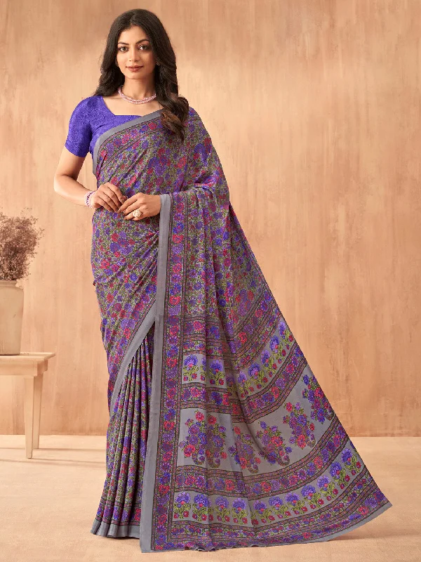 Women's Crepe Purple Printed Designer Saree With Blouse Piece Casual Button Blouse