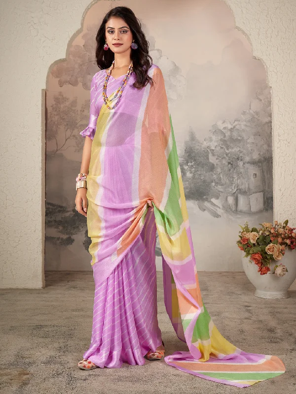 Women's Chiffon Mauve Printed Designer Saree With Blouse Piece Lightweight Tunic Blouse