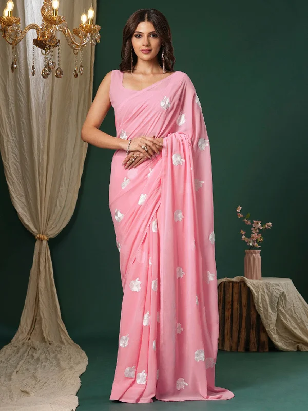 Women's Georgette Pink Embroidered Designer Saree With Blouse Piece Smart Casual Blouse