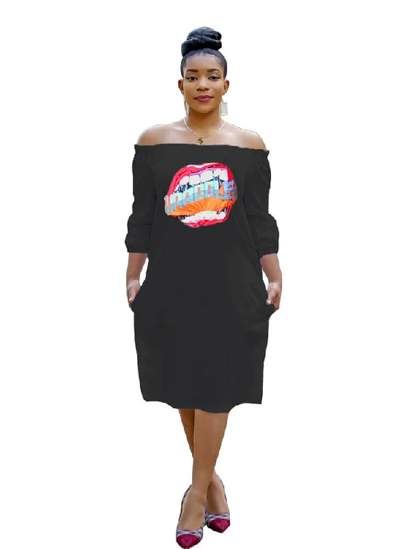 Fashion Letter Print Off The Shoulder T-Shirt Maxi Dresses-- Terry Blend Velvet Blend Canvas Blend