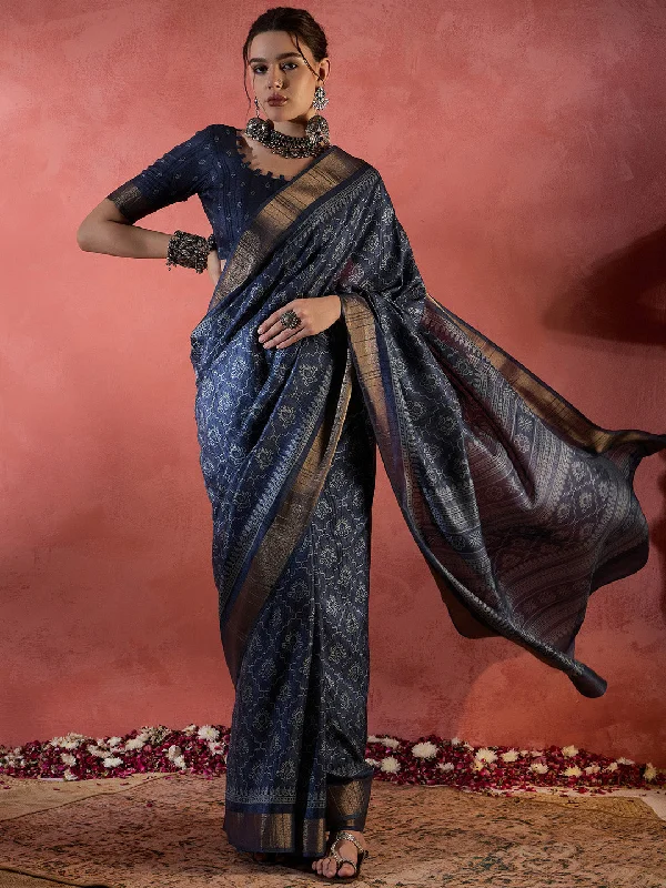 Women's Silk Blend Navy Blue Printed Designer Saree With Blouse Piece Silky Tunic Blouse