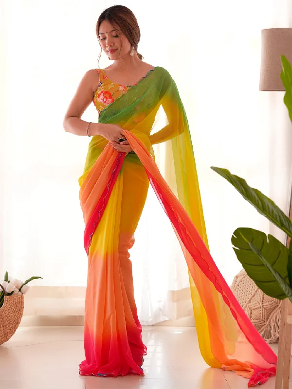 Women's Georgette Multicolored Embellished Designer Saree With Blouse Piece Smart Casual Blouse
