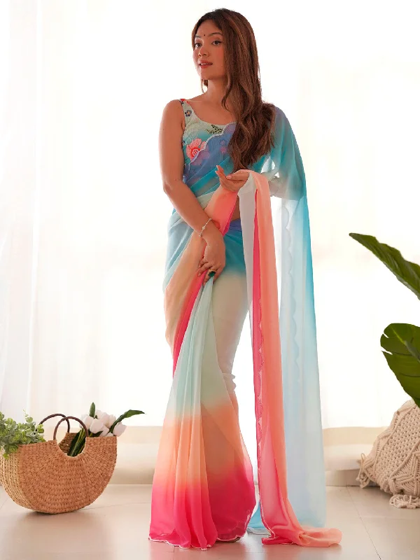 Women's Georgette Light Blue Embellished Designer Saree With Blouse Piece Versatile Layering Blouse