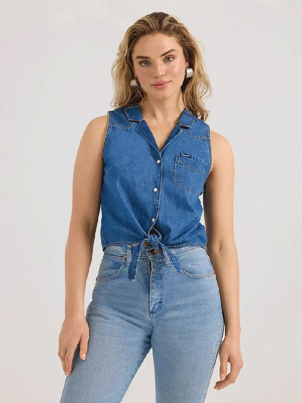 Wrangler 112360785 Womens Sleeveless Tie Front Shirt Mid Wash Denim-- Chenille Brocade Lace