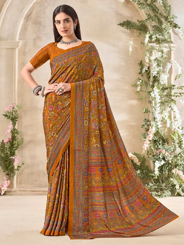 Women's Crepe Mustard Printed Designer Saree With Blouse Piece Vintage Lace Blouse