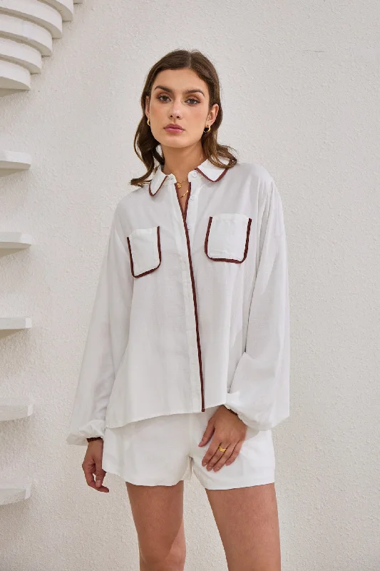 Nina White Contrast Detail Shirt-- Knit Fabric Woven Fabric Fleece Fabric