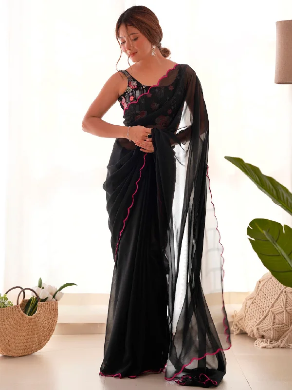 Women's Georgette Black Embellished Designer Saree With Blouse Piece Boho Chic Blouse