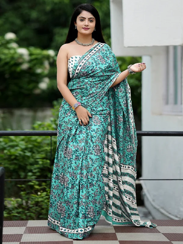 Women's Cotton Off White Printed Designer Saree With Blouse Piece Sheer Sleeve Blouse