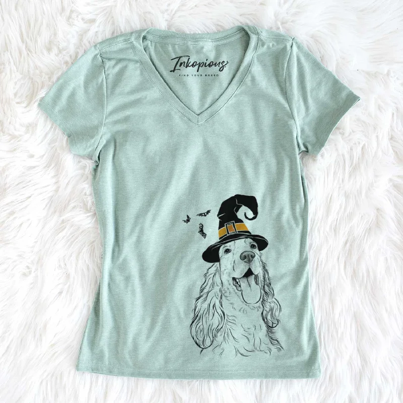 Witch Happy Henry the English Cocker Spaniel - Women's V-neck Shirt-- Spandex Blend Rayon Blend Denim Blend