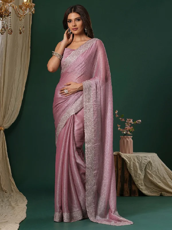 Women's Organza Mauve Embroidered Designer Saree With Blouse Piece Frilled Cuff Blouse