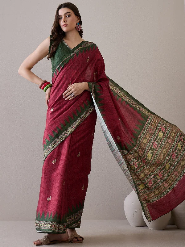 Women's Silk Blend Green Printed Designer Saree With Blouse Piece Classic Striped Blouse