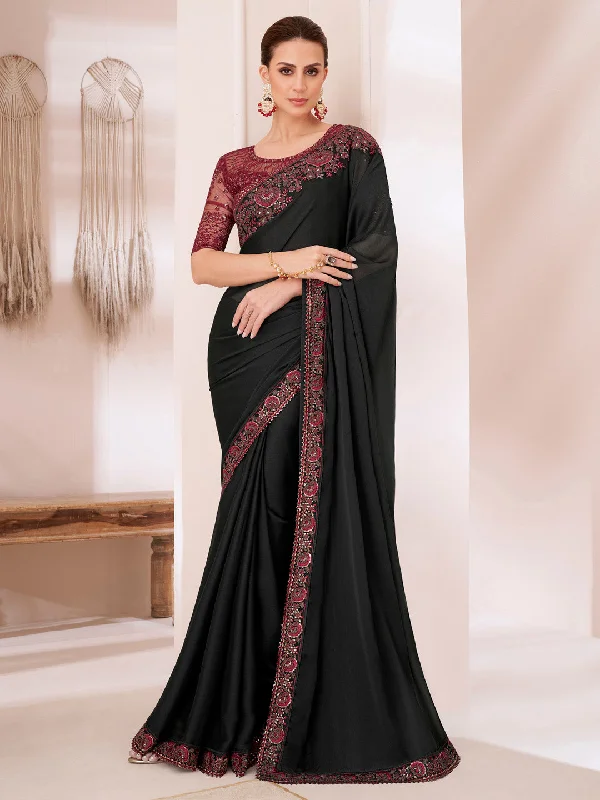 Women's Pure Chiffon Maroon Embellished Designer Saree With Blouse Piece Embroidered Floral Blouse