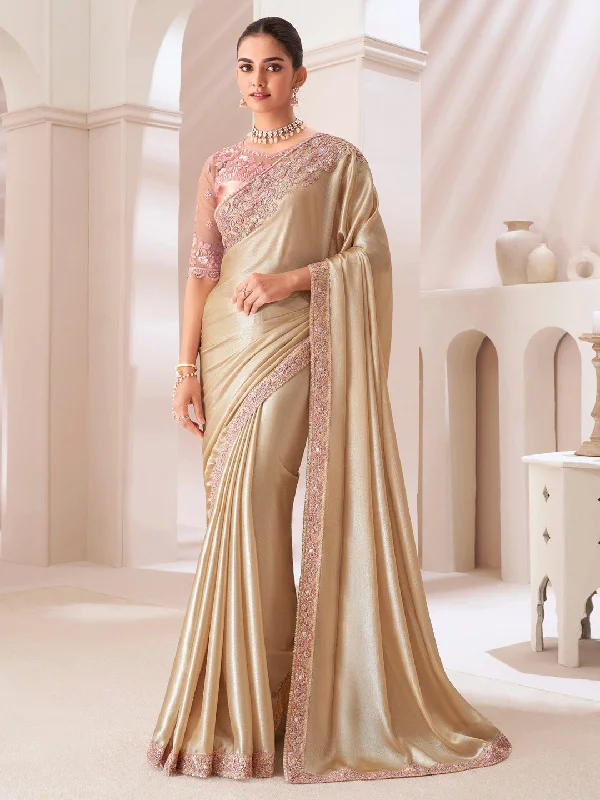 Women's Pure Chiffon Peach Embellished Designer Saree With Blouse Piece Bell Sleeve Blouse