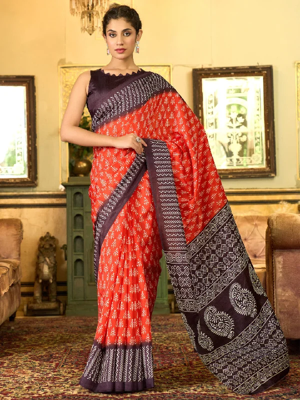 Women's Bhagalpuri Silk Black Printed Designer Saree With Blouse Piece Subtle Shimmer Blouse
