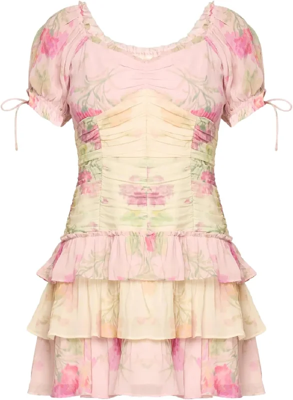 Loveshackfancy Women's Jupe Puff-Sleeve Tiered Ruffle Mini Dress, Garden Sunset Chic Mini Dress with V-Neck