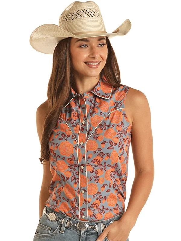 Rock & Roll Denim BWN0S03262 Womens Floral Sleeveless Snap Shirt Orange-- Welt Pockets Slit Pockets