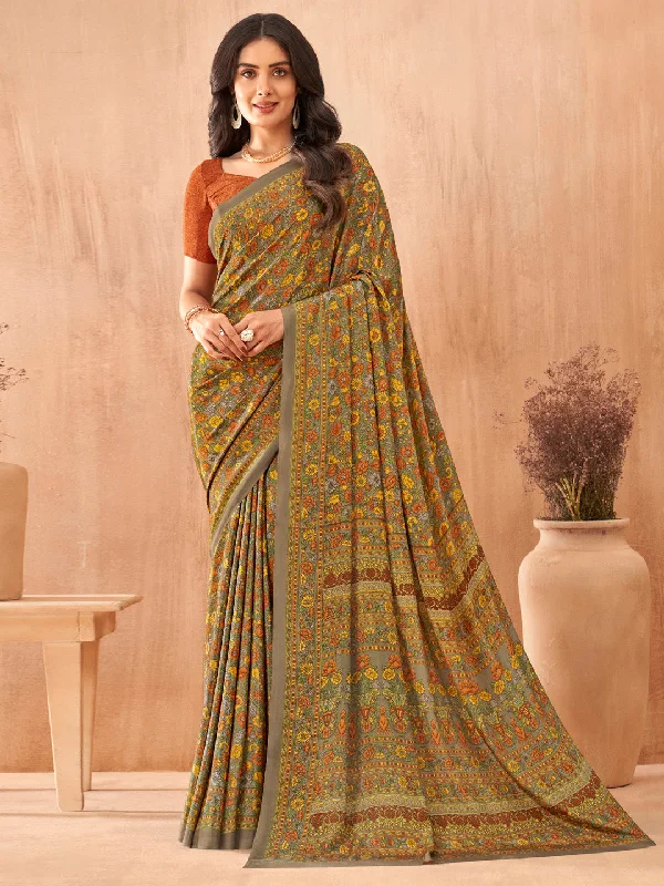 Women's Crepe Rust Printed Designer Saree With Blouse Piece Playful Puff Blouse