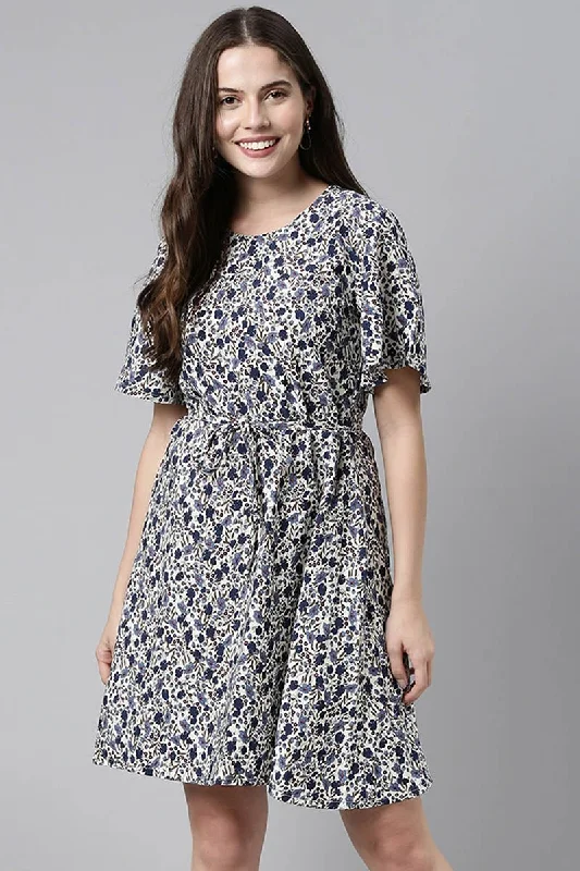 Ahika Off-White Polyester Abstract Print Fit & Flare Mini Dress Classic Floral Mini Dress