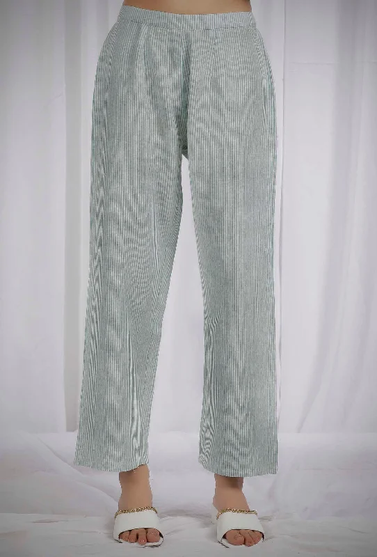 Green Striped Straight Cotton Pants Comfortable Jogging Pants