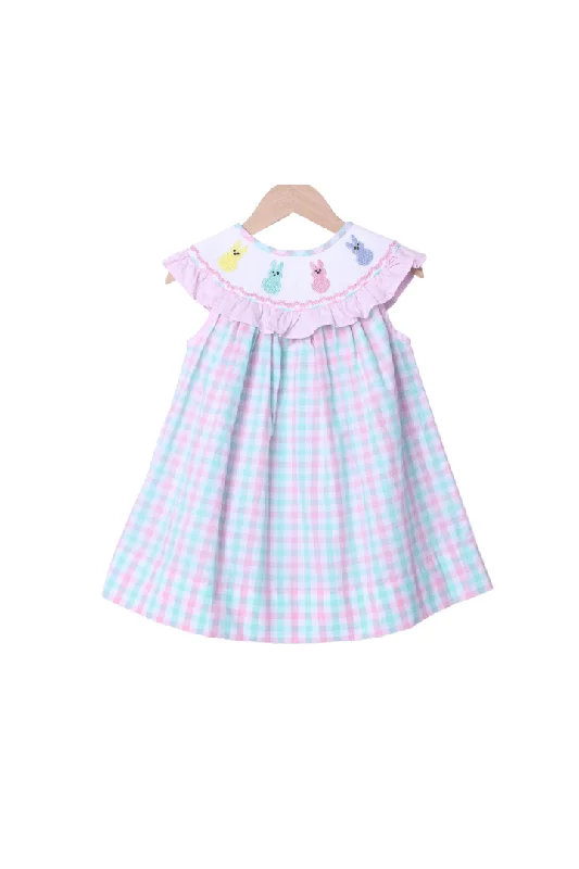 Smocked Peep Pastel Plaid Ruffle Bishop Dress Off-the-shoulder Chic Trendy