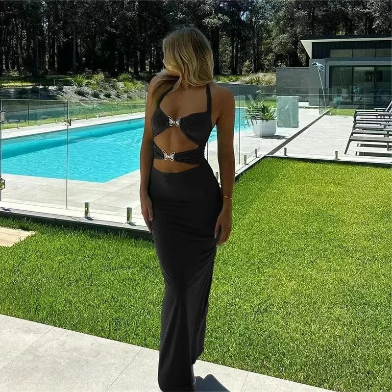 Bonnyshow Black Hollow Out Beach Dress Women Fashion Metal Butterfly Halter Slim Long Dress Summer Sexy Backless Holiday Party Dress Tunics Sophisticated sleek
