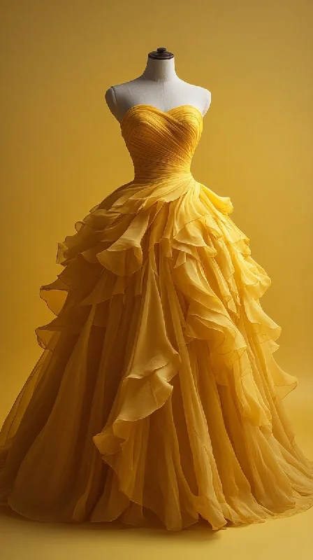 Bonnyshow Retro Ball Gown Sweetheart Tulle Yellow Party Dress Prom Dress Evening Dress SD1762 Tunics Running lightweight