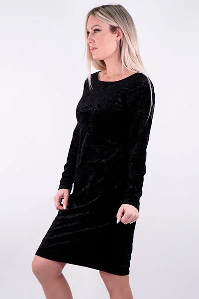 Black Long Sleeve Crushed Velvet Scoop Neck Dress Tunics Sophisticated sleek
