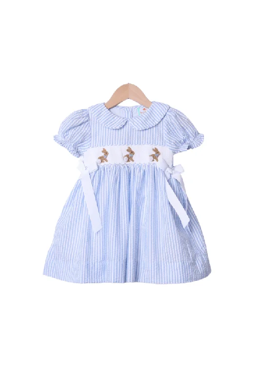 Smocked Bunny Blue Seersucker Bow Dress Tunics Party sparkling