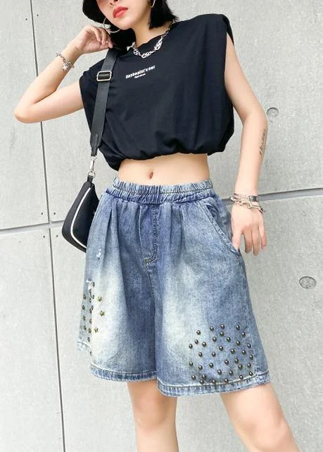 Women's loose straight denim blue shorts large size thin section rivet hole five-point pants Fashionable Track Pants Women's loose straight denim blue shorts large size thin section rivet hole five-point pants Fashionable Track Pants